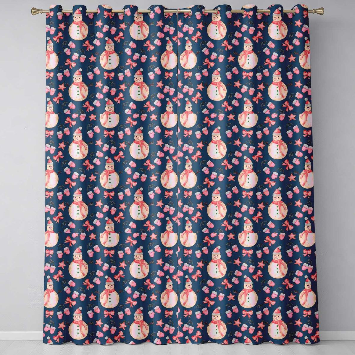 Navy Blue Snowman Bow Winter Christmas Pattern Readymade Eyelet Ring Top Thermal 100% Blackout Curtains