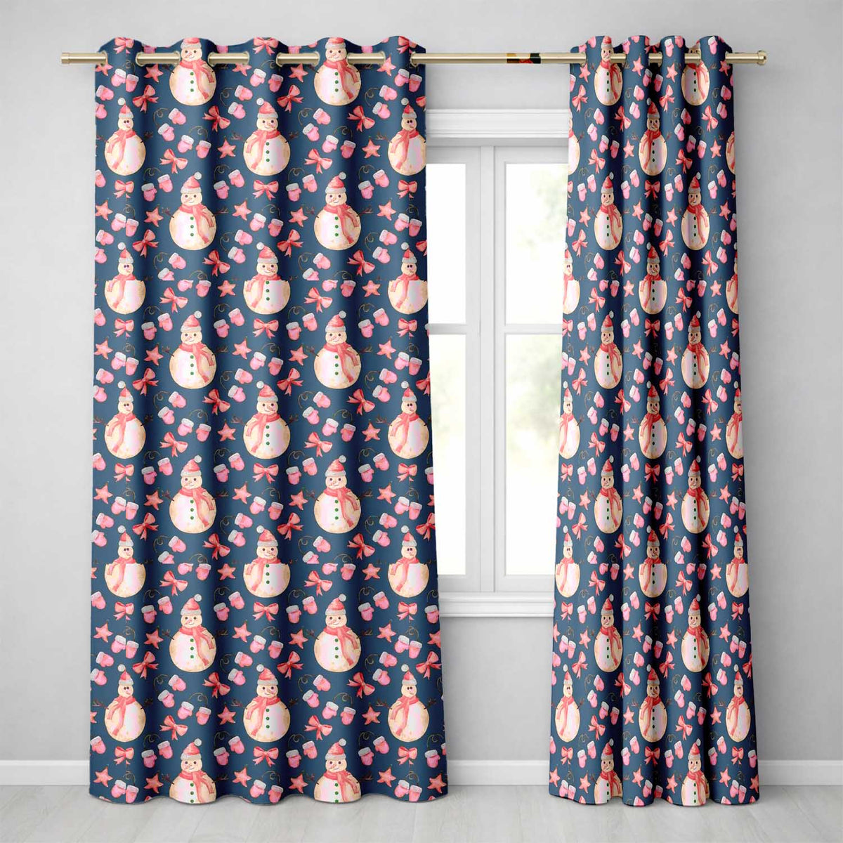 Navy Blue Snowman Bow Winter Christmas Pattern Readymade Eyelet Ring Top Thermal 100% Blackout Curtains