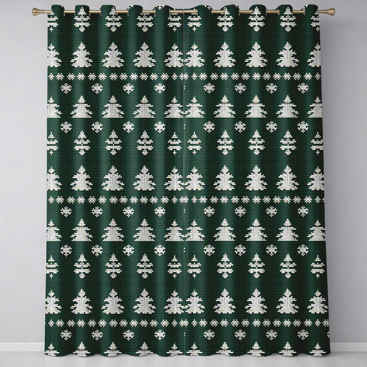 Knitted Nordic Snowflake Christmas Tree Seamless Pattern  Readymade Eyelet Ring Top Thermal 100% Blackout Curtains