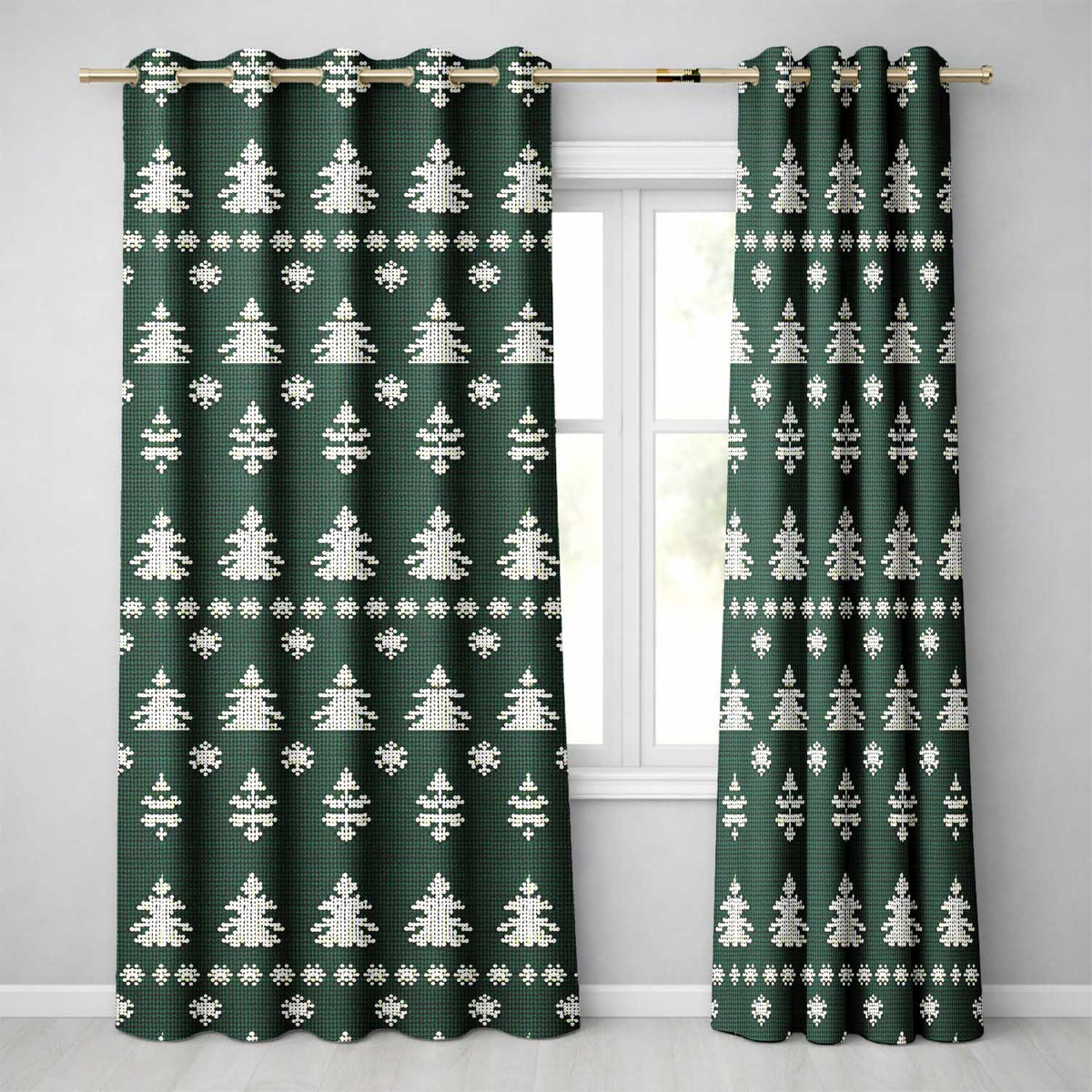Knitted Nordic Snowflake Christmas Tree Seamless Pattern  Readymade Eyelet Ring Top Thermal 100% Blackout Curtains