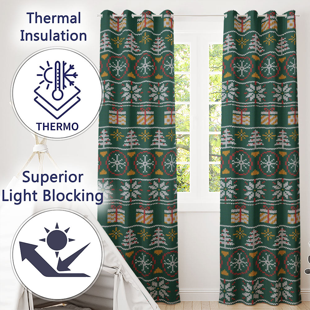 Festive Christmas Tree Star Gift Knitted Seamless Pattern  Readymade Eyelet Ring Top Thermal 100% Blackout Curtains