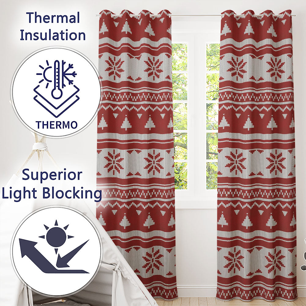 Red Nordic Christmas Tree Snowflake Knitted Seamless Pattern  Readymade Eyelet Ring Top Thermal 100% Blackout Curtains
