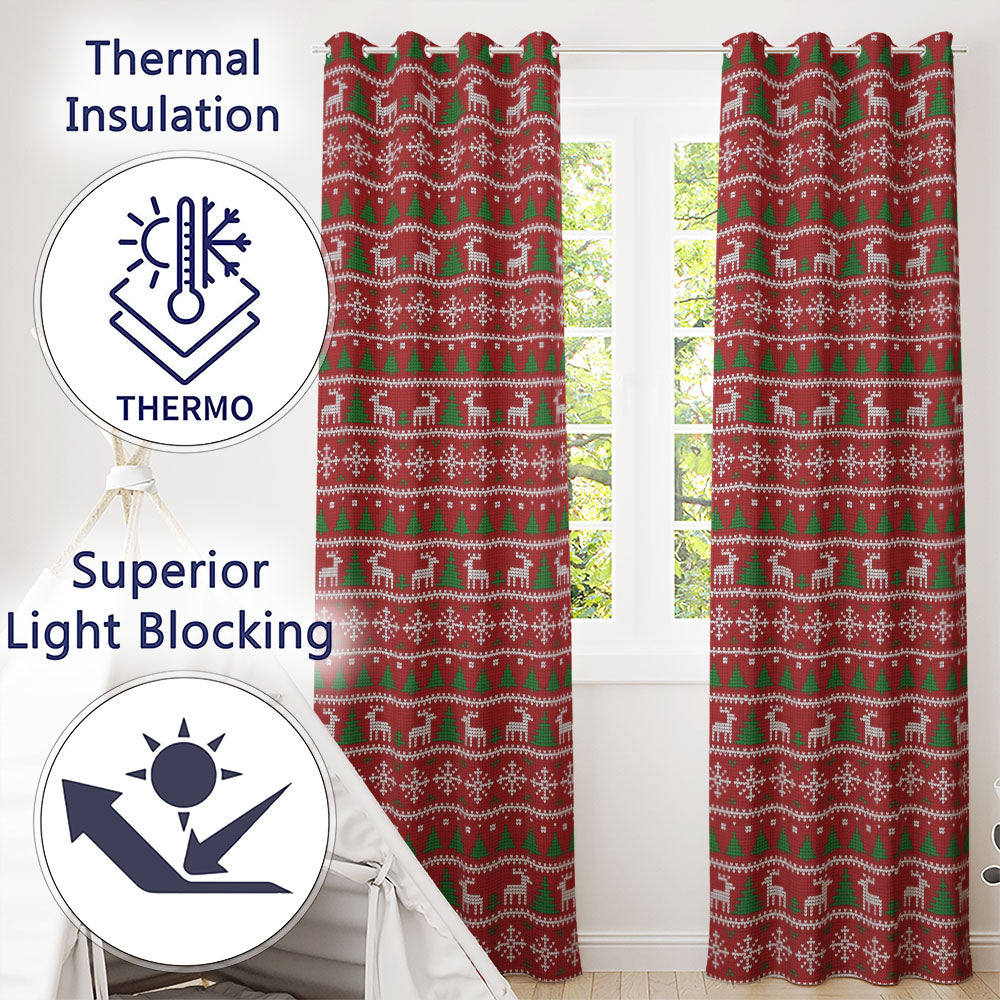 Traditional Reindeer Christmas Knit Pattern Seamless  Readymade Eyelet Ring Top Thermal 100% Blackout Curtains