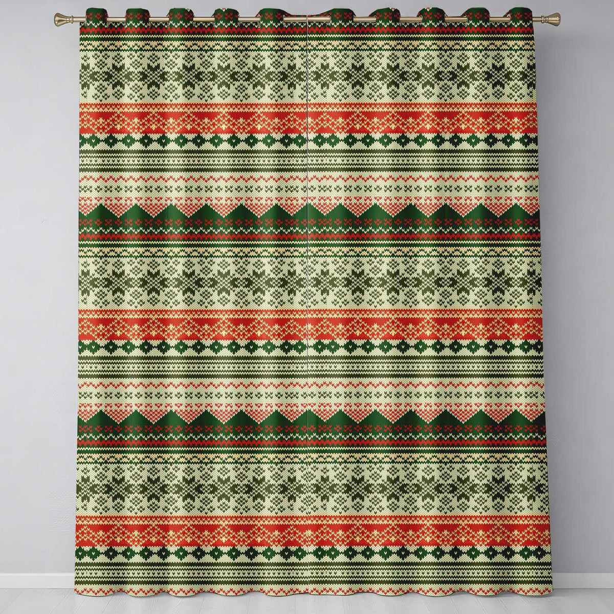 Nordic Zigzag Knit Green Red Cream Geometric Festive Sweater Style Seamless  Readymade Eyelet Ring Top Thermal 100% Blackout Curtains