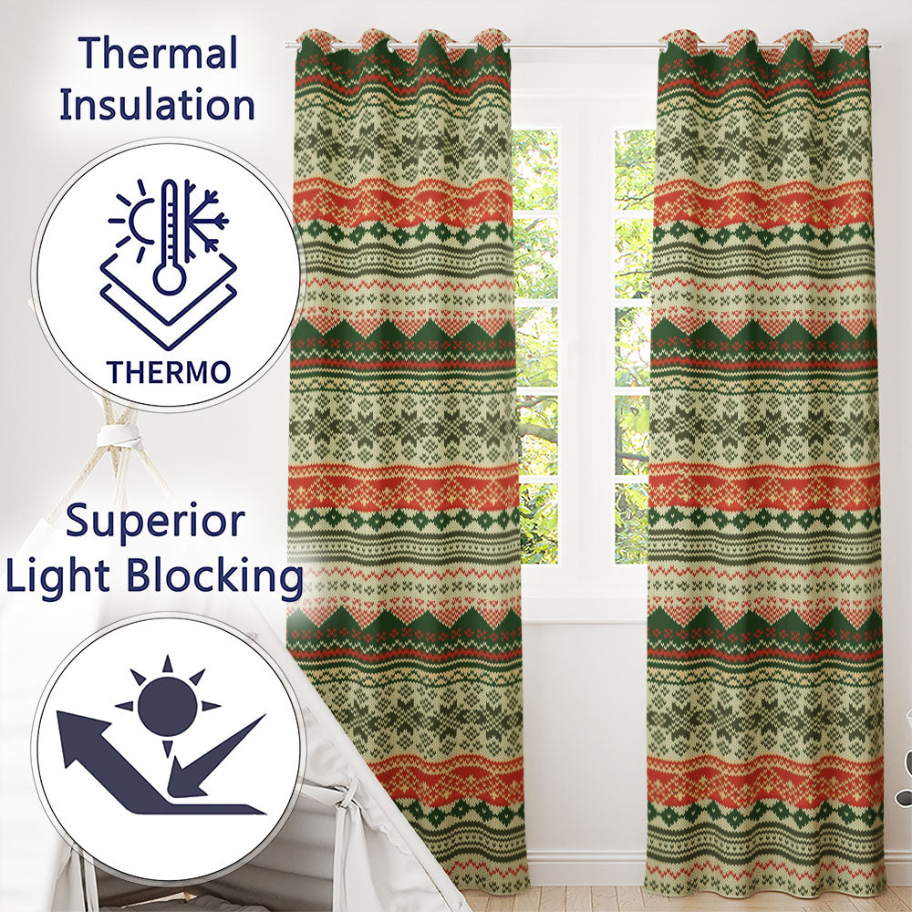 Nordic Zigzag Knit Green Red Cream Geometric Festive Sweater Style Seamless  Readymade Eyelet Ring Top Thermal 100% Blackout Curtains