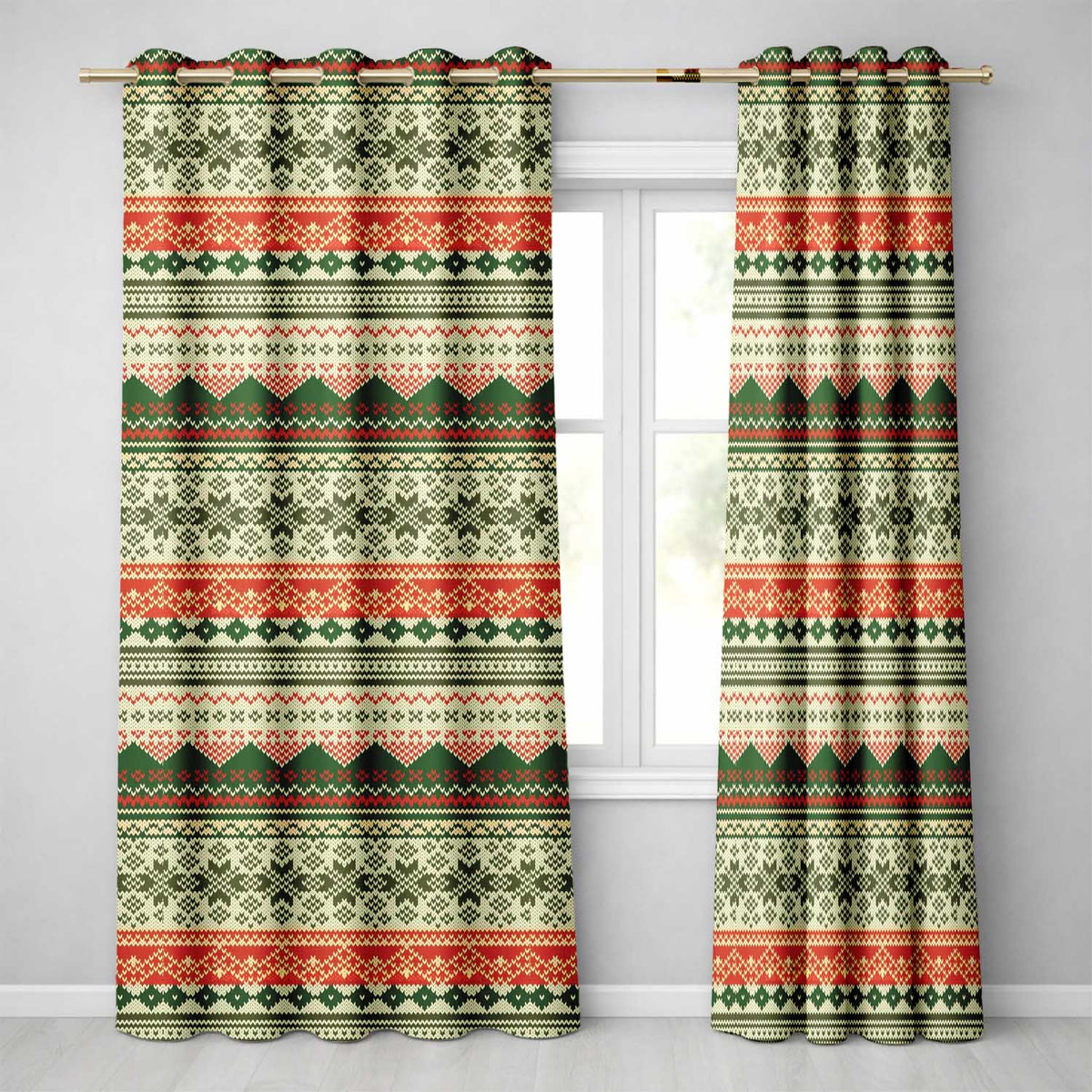Nordic Zigzag Knit Green Red Cream Geometric Festive Sweater Style Seamless  Readymade Eyelet Ring Top Thermal 100% Blackout Curtains