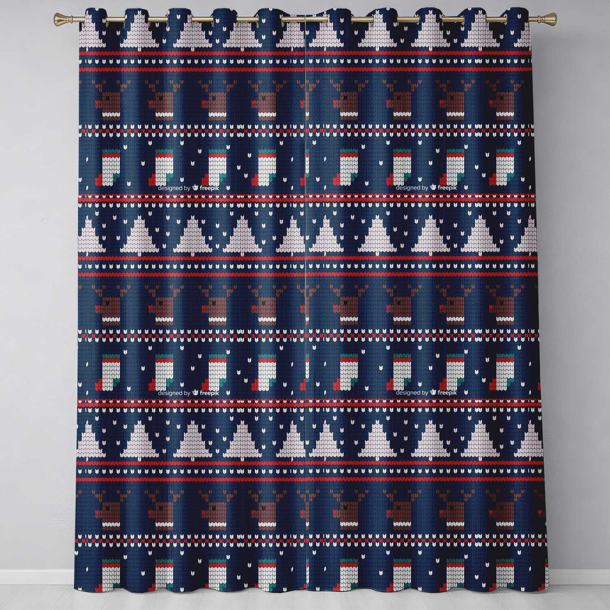 Winter Knit Reindeer Mountain Pattern Blue White Snow Nordic Christmas  Readymade Eyelet Ring Top Thermal 100% Blackout Curtains