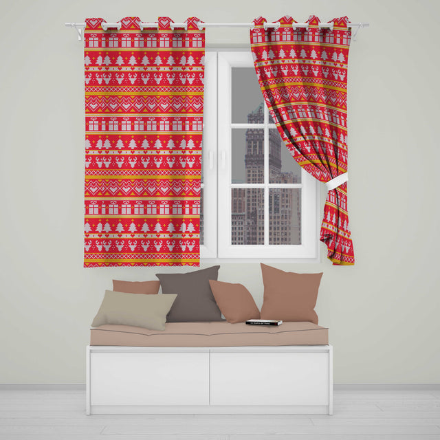 Christmas Gift Box Tree Knit Pattern Red White Yellow Festive Holiday Seamless  Readymade Eyelet Ring Top Thermal 100% Blackout Curtains