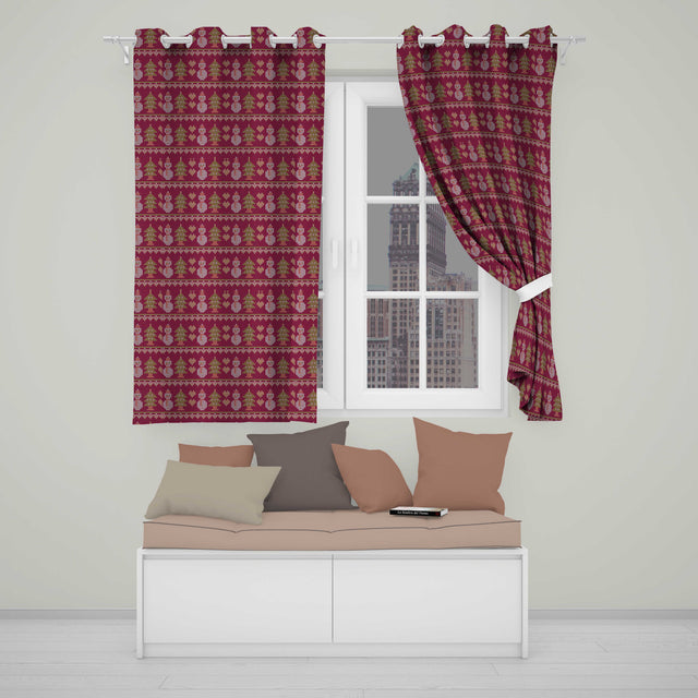 Cute Snowman Christmas Tree Knit Pattern Burgundy Green White Festive Seamless  Readymade Eyelet Ring Top Thermal 100% Blackout Curtains