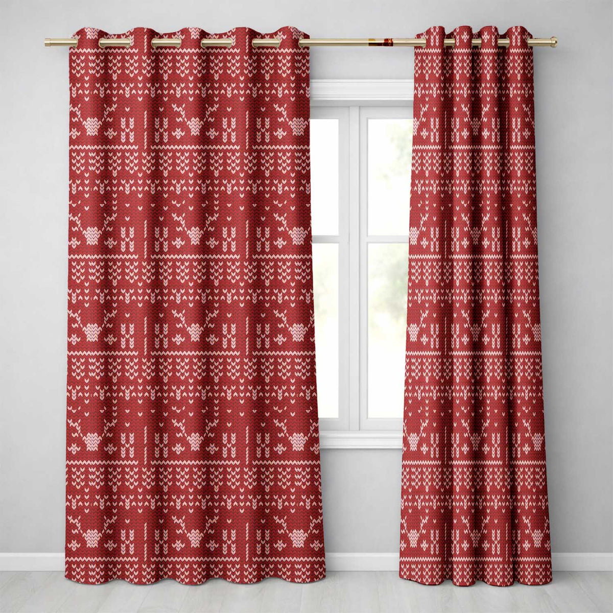 RedNordic Knit Heart Snowflake Pattern Christmas Sweater Style Festive Seamless  Readymade Eyelet Ring Top Thermal 100% Blackout Curtains