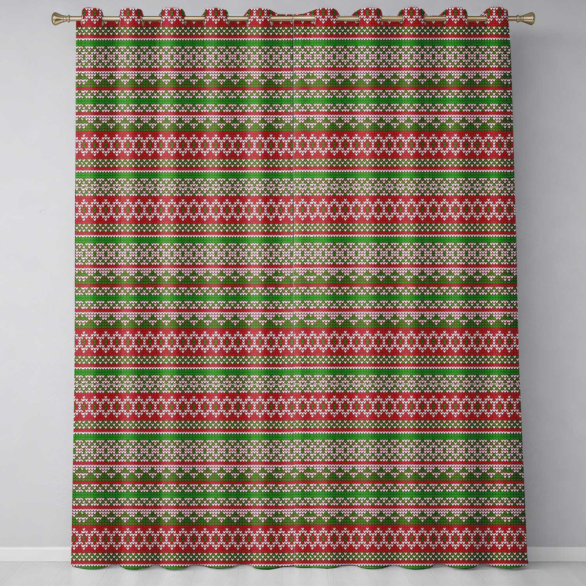 Classic Red Green White Knit Stripe Pattern Nordic Christmas Sweater Style  Readymade Eyelet Ring Top Thermal 100% Blackout Curtains