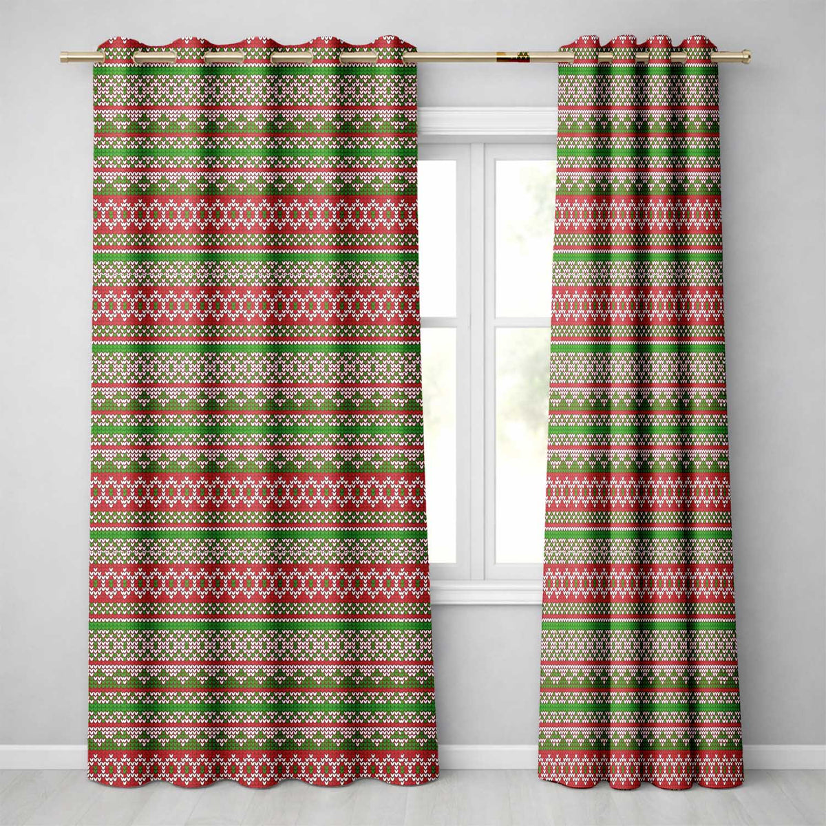 Classic Red Green White Knit Stripe Pattern Nordic Christmas Sweater Style  Readymade Eyelet Ring Top Thermal 100% Blackout Curtains