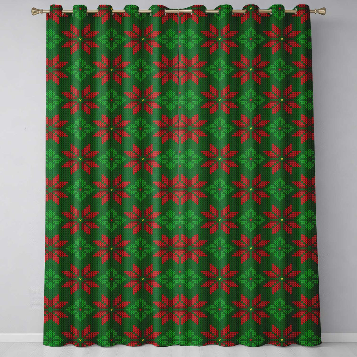 Festive Holly Leaf Berry Knit Pattern Green Red Christmas Seamless Nordic Style  Readymade Eyelet Ring Top Thermal 100% Blackout Curtains