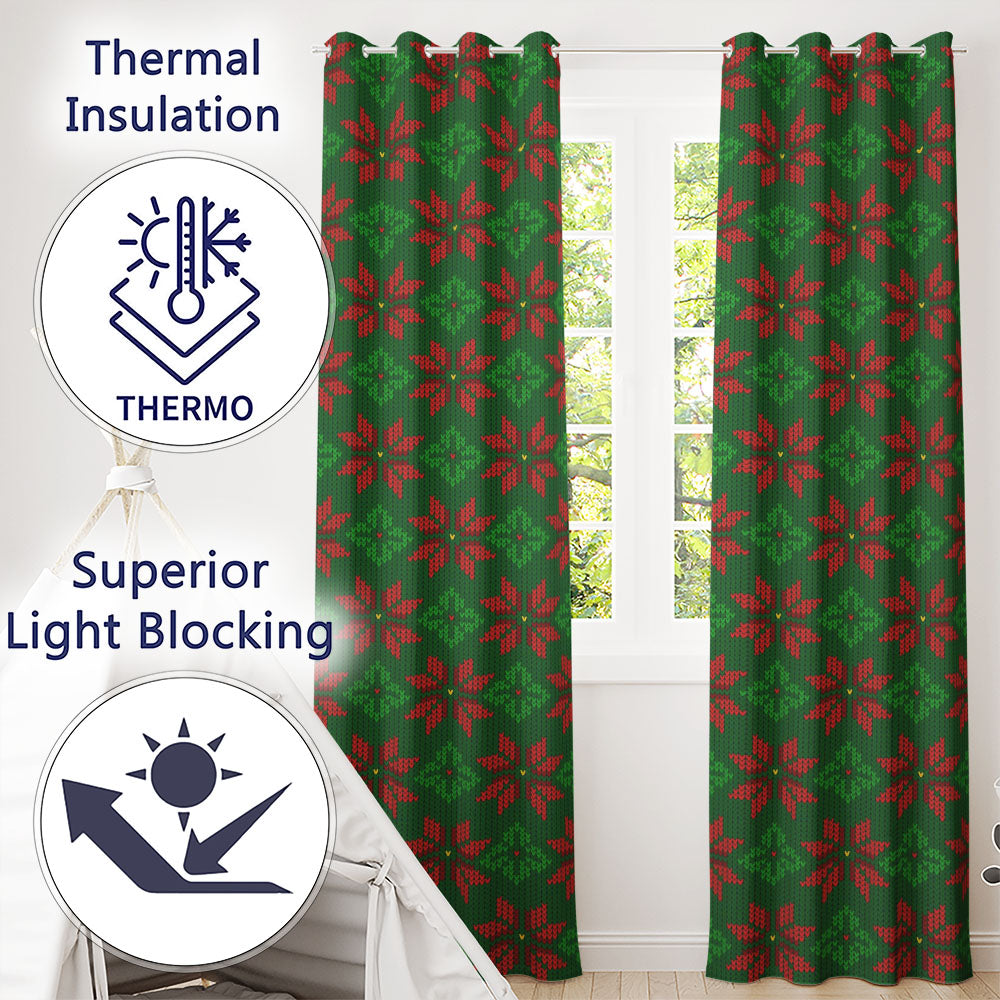 Festive Holly Leaf Berry Knit Pattern Green Red Christmas Seamless Nordic Style  Readymade Eyelet Ring Top Thermal 100% Blackout Curtains