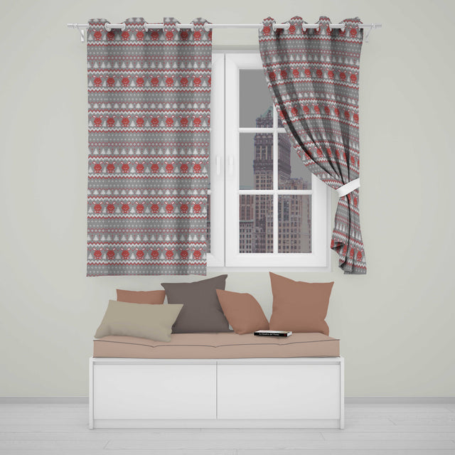 Cute Reindeer Tree Knit Pattern Grey Red White Christmas Sweater Style Seamless  Readymade Eyelet Ring Top Thermal 100% Blackout Curtains