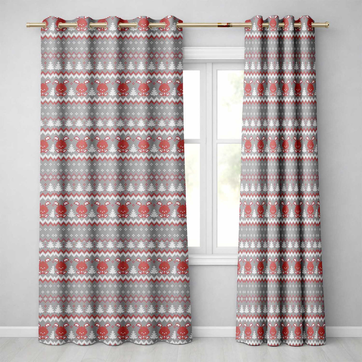 Cute Reindeer Tree Knit Pattern Grey Red White Christmas Sweater Style Seamless  Readymade Eyelet Ring Top Thermal 100% Blackout Curtains