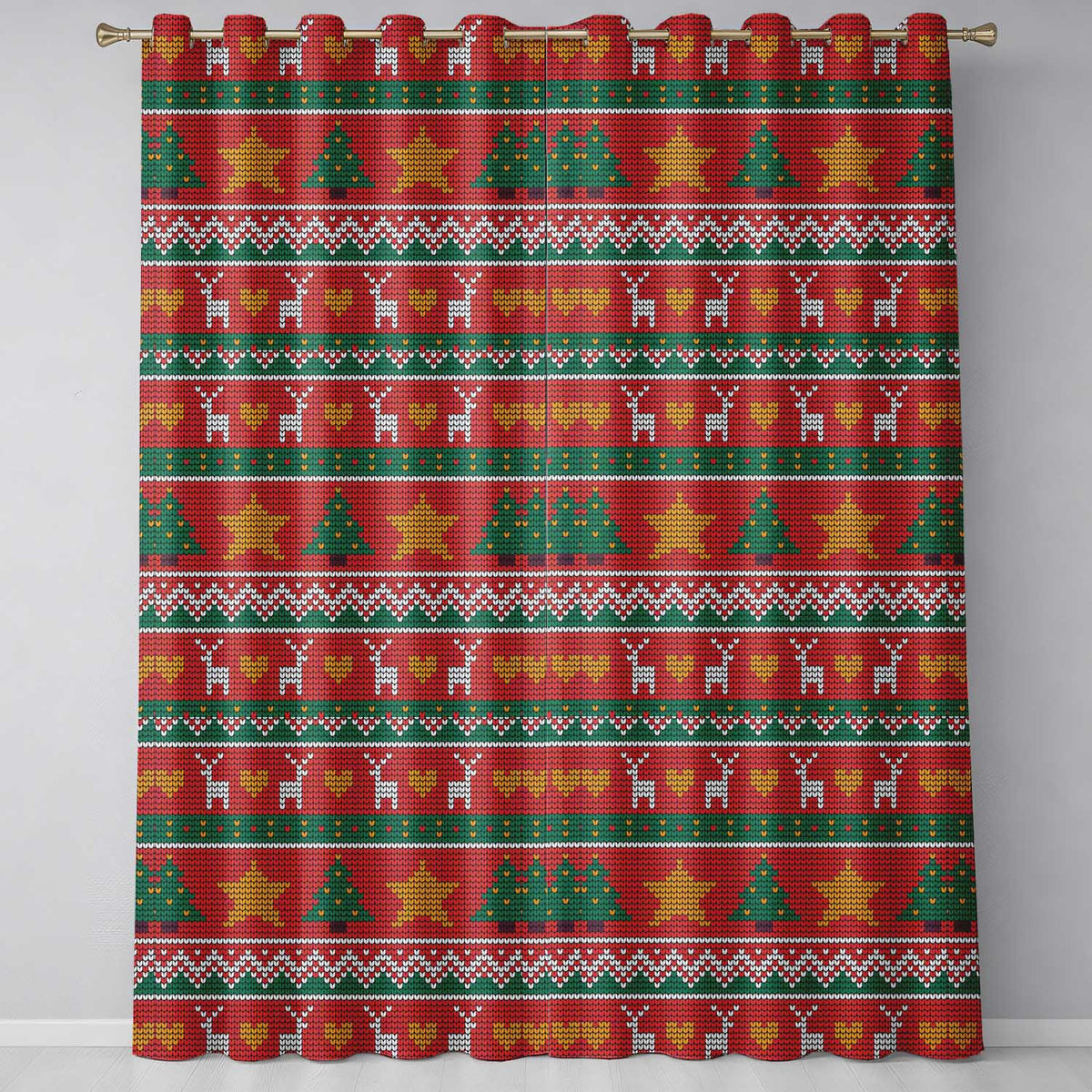 Nordic Deer Heart Tree Knit Pattern Red Green White Festive Seamless Christmas  Readymade Eyelet Ring Top Thermal 100% Blackout Curtains
