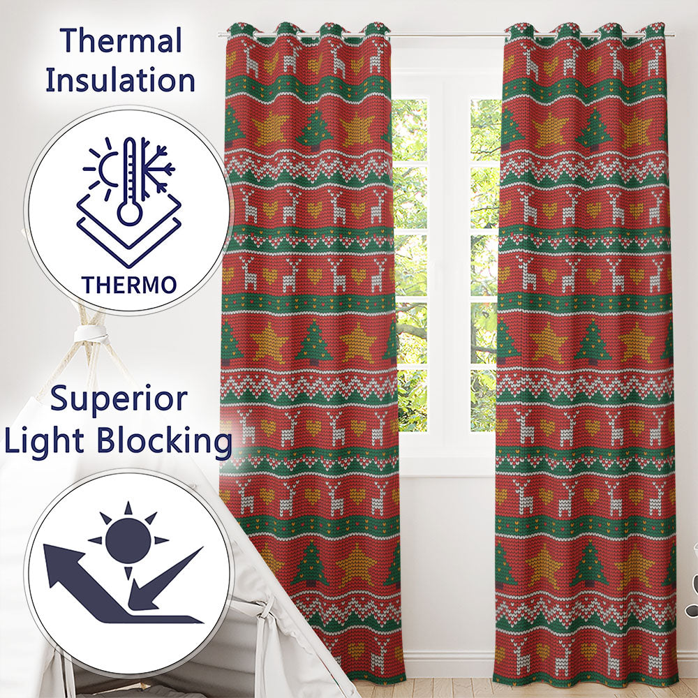 Nordic Deer Heart Tree Knit Pattern Red Green White Festive Seamless Christmas  Readymade Eyelet Ring Top Thermal 100% Blackout Curtains