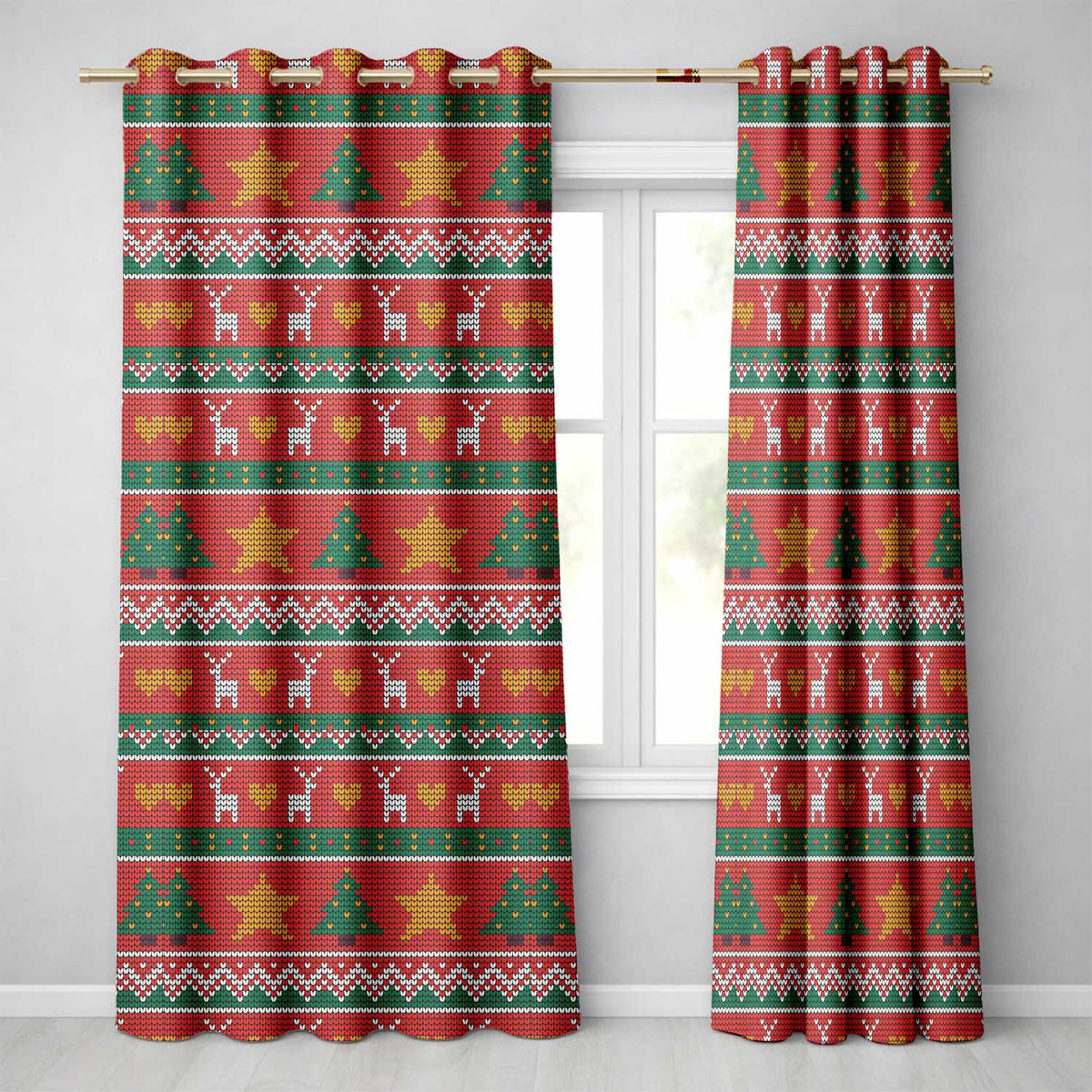 Nordic Deer Heart Tree Knit Pattern Red Green White Festive Seamless Christmas  Readymade Eyelet Ring Top Thermal 100% Blackout Curtains
