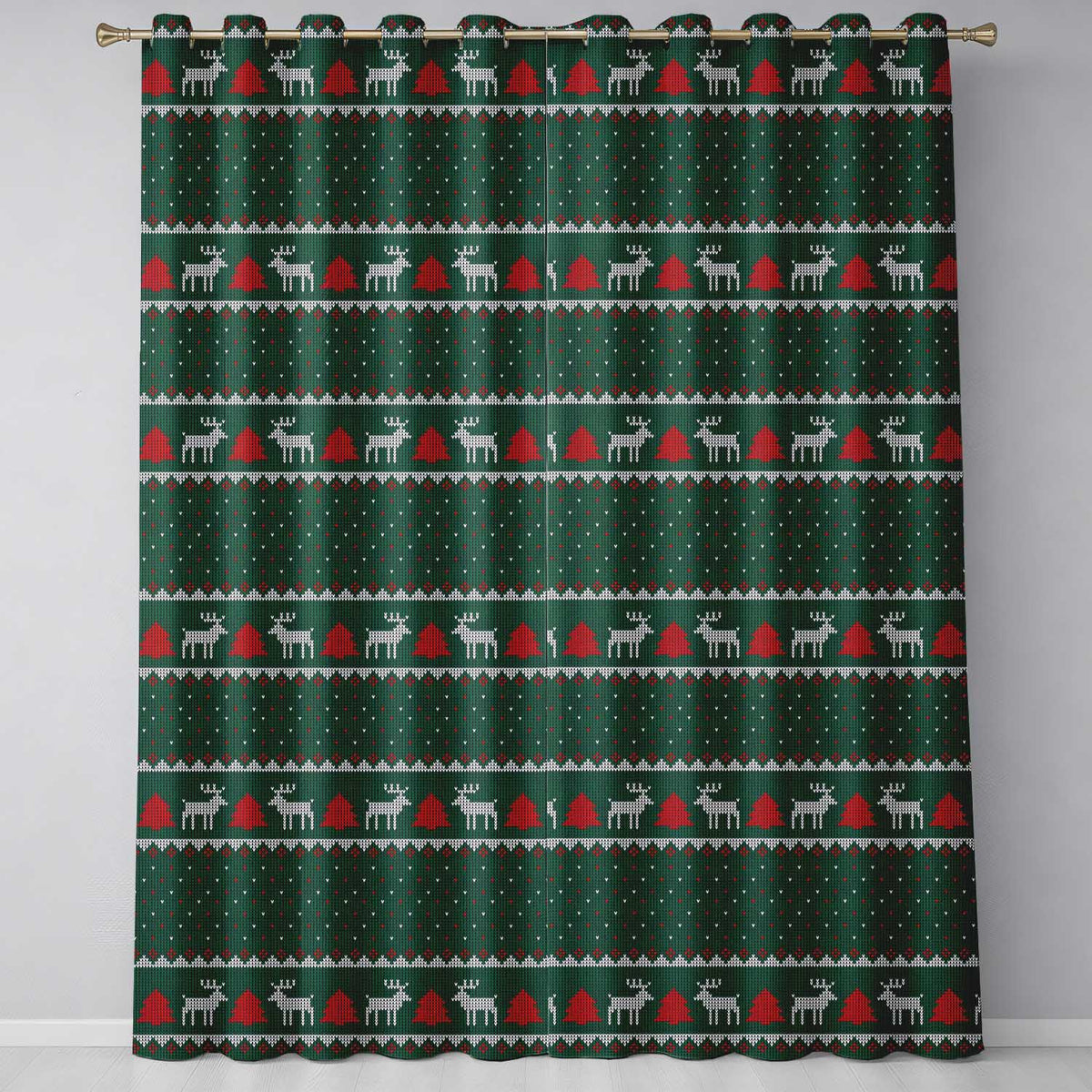 Scandinavian Reindeer Mountain Knit Pattern Green Red White Christmas Seamless  Readymade Eyelet Ring Top Thermal 100% Blackout Curtains
