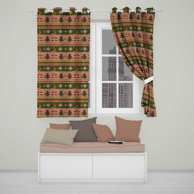 Scandinavian Deer Gift Snowflake Knit Green Pink Christmas Festive Seamless  Readymade Eyelet Ring Top Thermal 100% Blackout Curtains