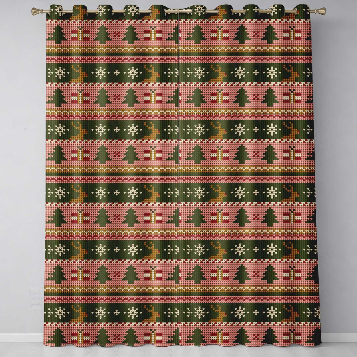 Scandinavian Deer Gift Snowflake Knit Green Pink Christmas Festive Seamless  Readymade Eyelet Ring Top Thermal 100% Blackout Curtains