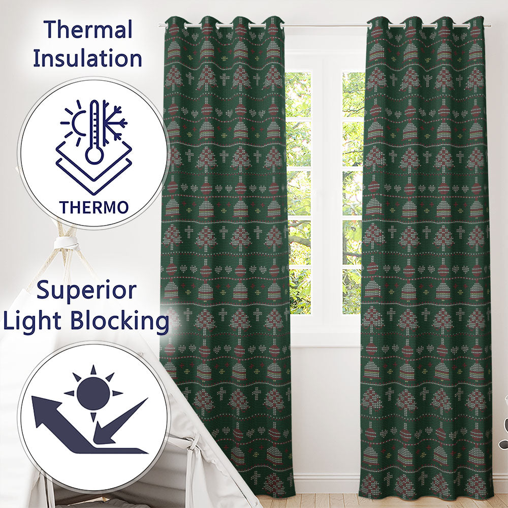 Nordic Ornament Christmas Tree Knit Green Red White Festive Seamless Textile  Readymade Eyelet Ring Top Thermal 100% Blackout Curtains