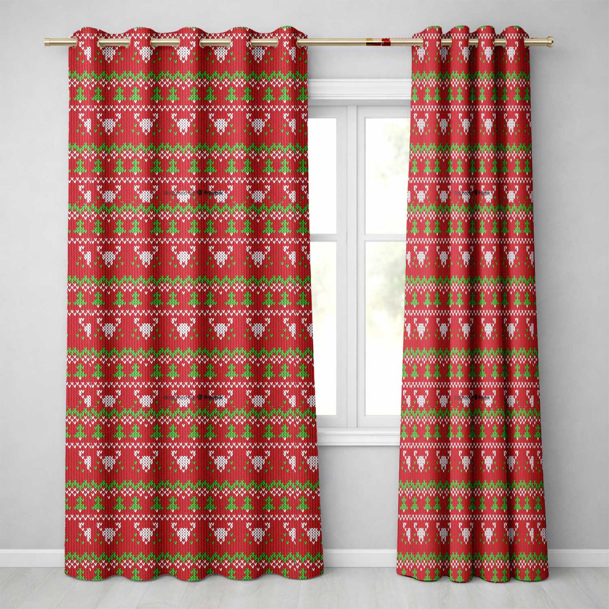Festive Heart Christmas Tree Knit Pattern Red Green White Nordic Textile  Readymade Eyelet Ring Top Thermal 100% Blackout Curtains