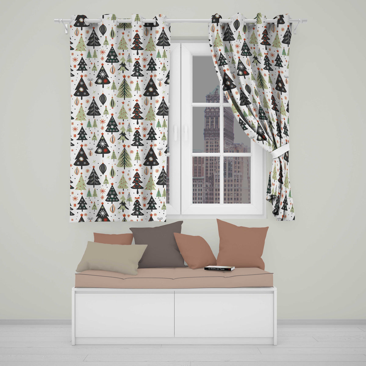 Vintage Style Christmas Trees Ornaments Snowflakes Festive Seamless Pattern  Readymade Eyelet Ring Top Thermal 100% Blackout Curtains