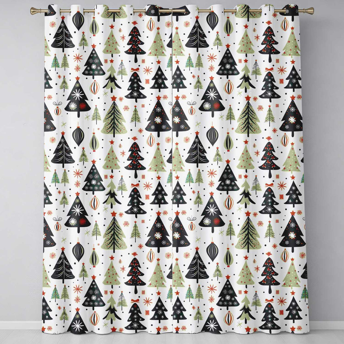 Vintage Style Christmas Trees Ornaments Snowflakes Festive Seamless Pattern  Readymade Eyelet Ring Top Thermal 100% Blackout Curtains