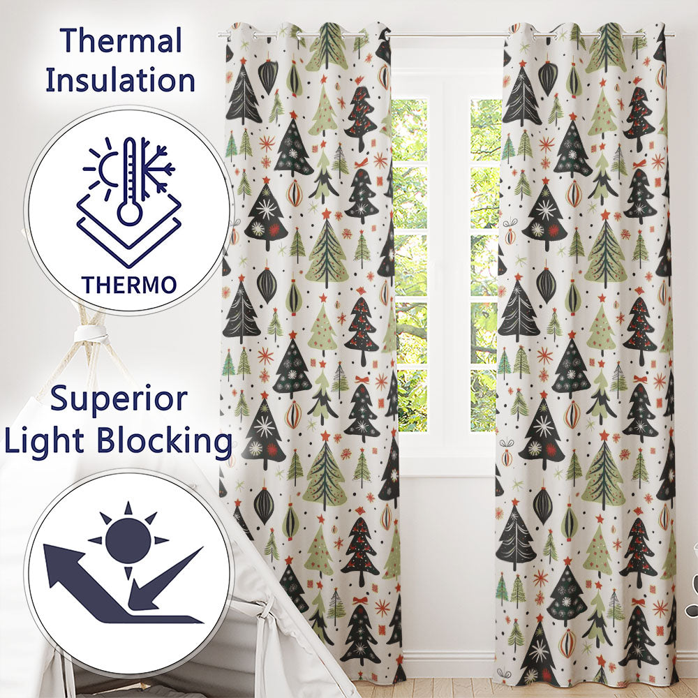 Vintage Style Christmas Trees Ornaments Snowflakes Festive Seamless Pattern  Readymade Eyelet Ring Top Thermal 100% Blackout Curtains