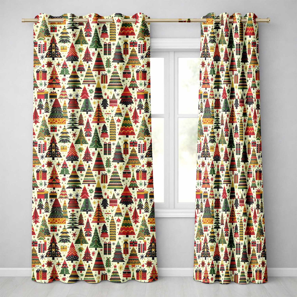 Vibrant Nordic Christmas Trees Gifts Stars Festive Holiday Seamless Pattern  Readymade Eyelet Ring Top Thermal 100% Blackout Curtains