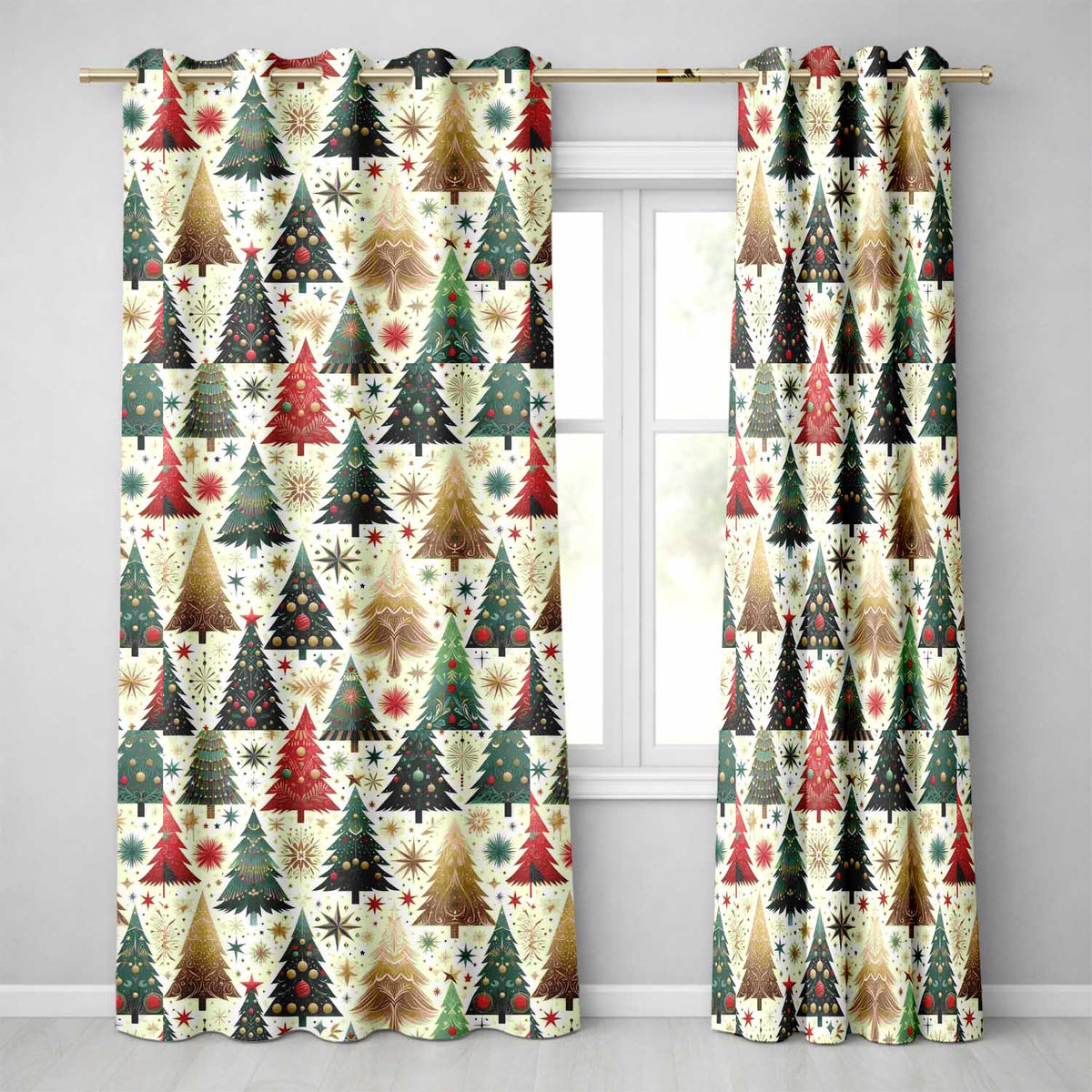 Elegant Christmas Trees Gold Green Red Stars Festive Seamless Pattern  Readymade Eyelet Ring Top Thermal 100% Blackout Curtains