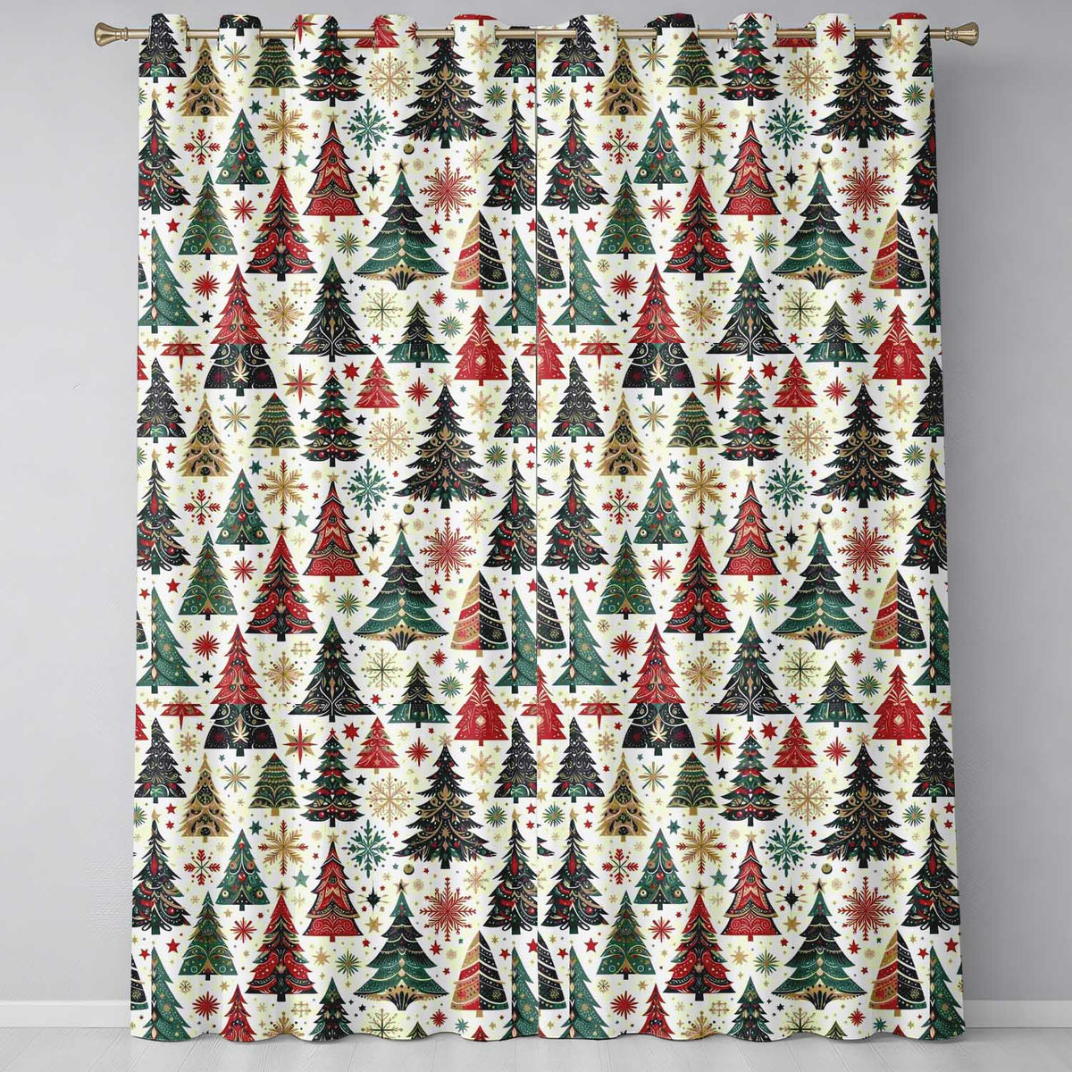 Ornate Christmas Trees Snowflakes Stars Vintage Holiday Seamless Pattern  Readymade Eyelet Ring Top Thermal 100% Blackout Curtains