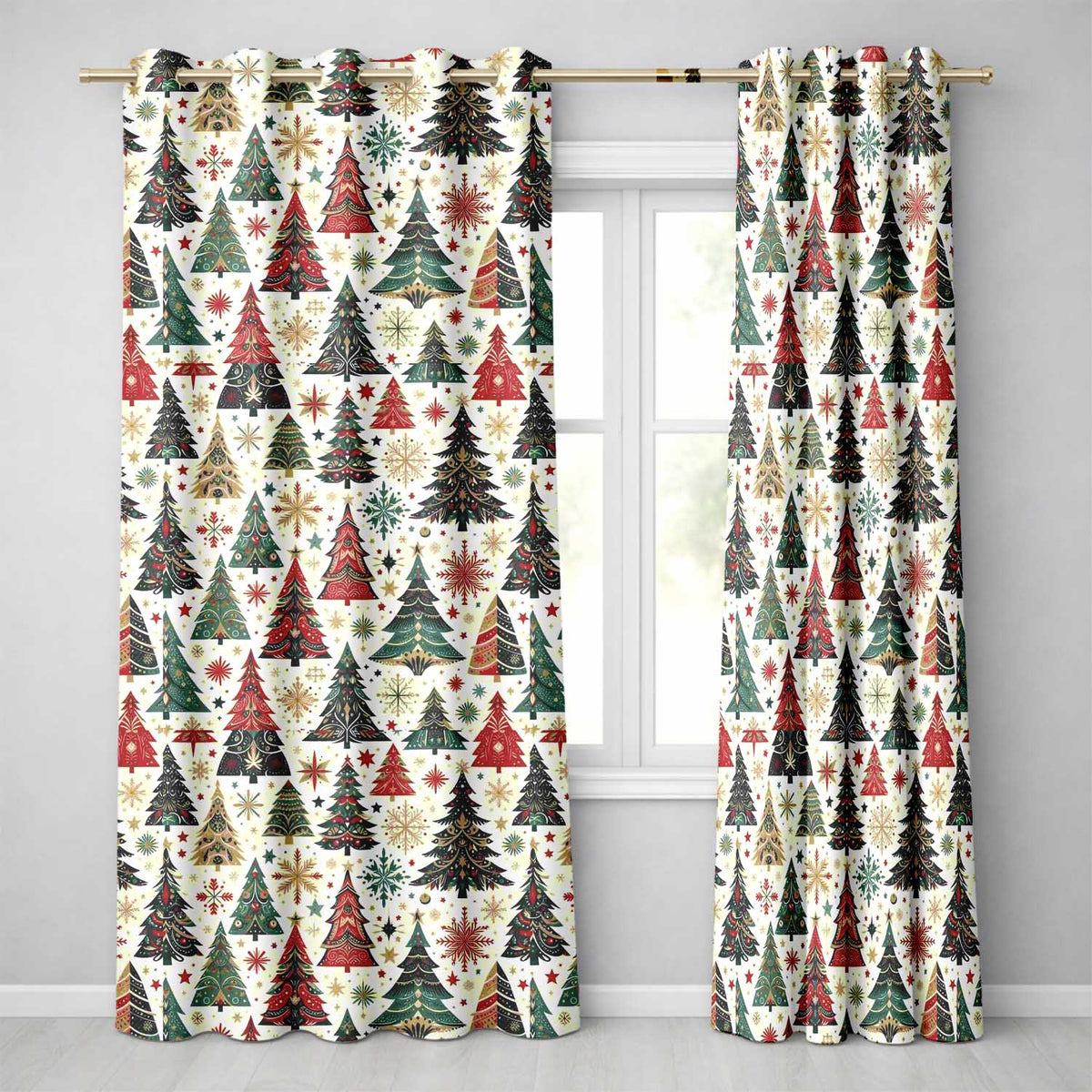 Ornate Christmas Trees Snowflakes Stars Vintage Holiday Seamless Pattern  Readymade Eyelet Ring Top Thermal 100% Blackout Curtains