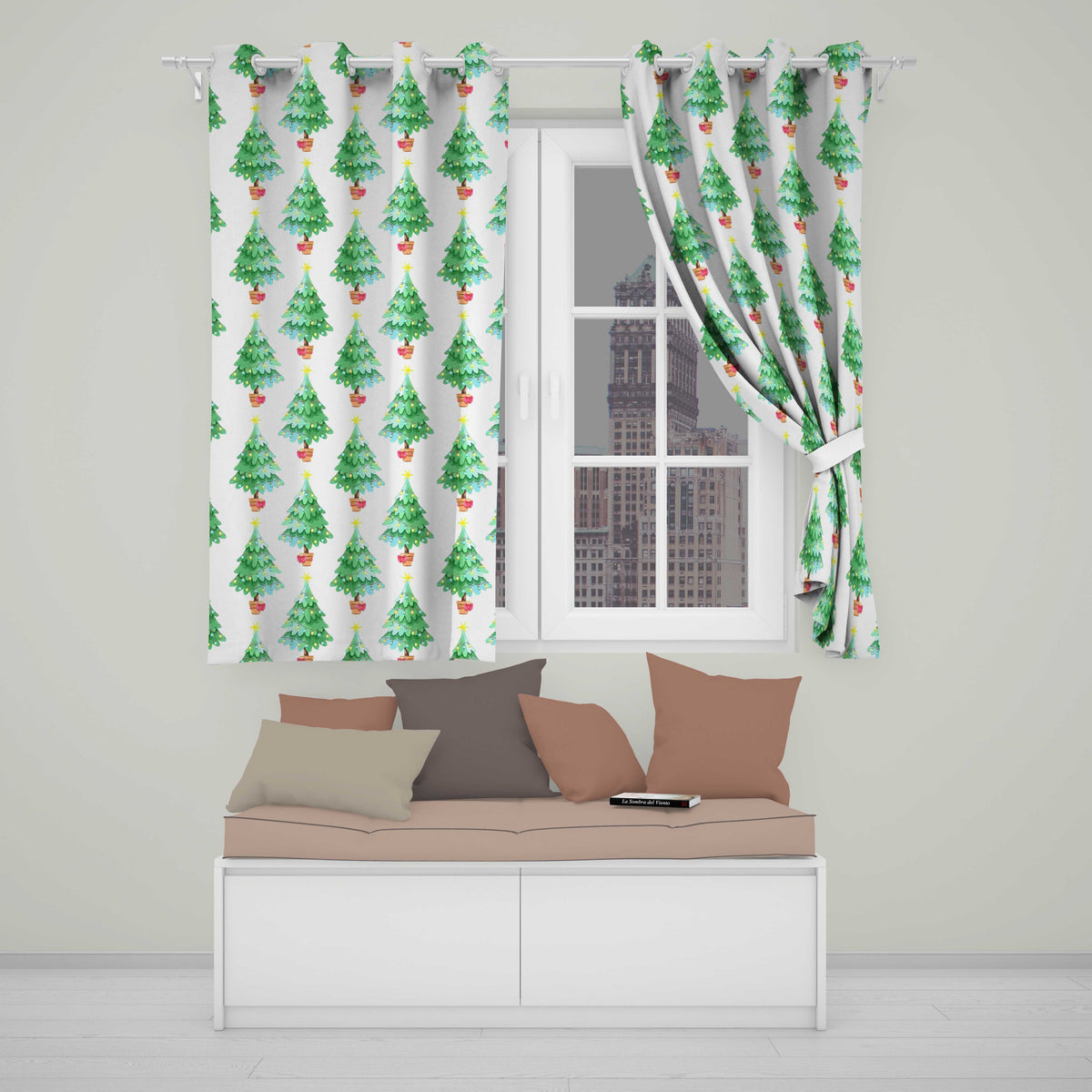 Watercolor Christmas Trees with Lights in Pots Cute Holiday Seamless Pattern  Readymade Eyelet Ring Top Thermal 100% Blackout Curtains