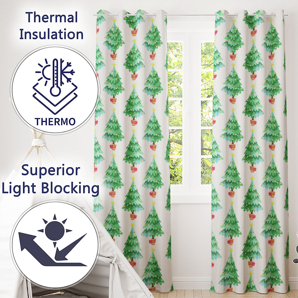 Watercolor Christmas Trees with Lights in Pots Cute Holiday Seamless Pattern  Readymade Eyelet Ring Top Thermal 100% Blackout Curtains