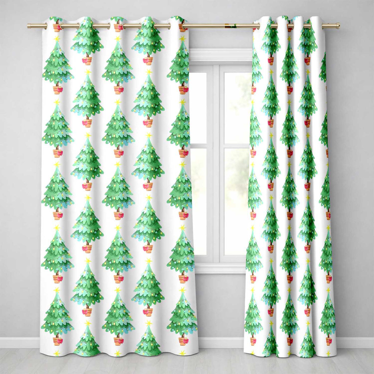 Watercolor Christmas Trees with Lights in Pots Cute Holiday Seamless Pattern  Readymade Eyelet Ring Top Thermal 100% Blackout Curtains