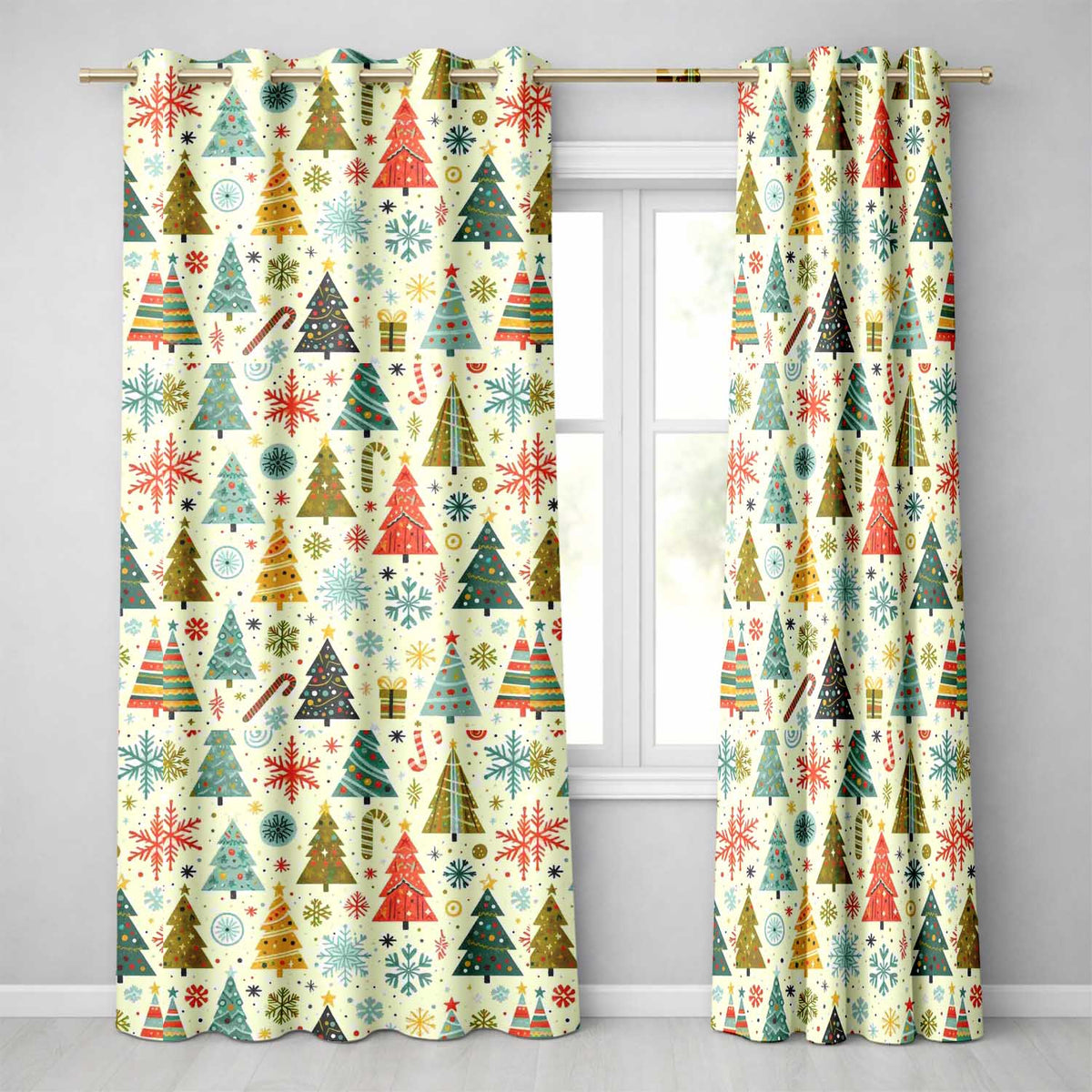 Playful Christmas Trees Candy Canes Snowflakes Festive Seamless Pattern  Readymade Eyelet Ring Top Thermal 100% Blackout Curtains