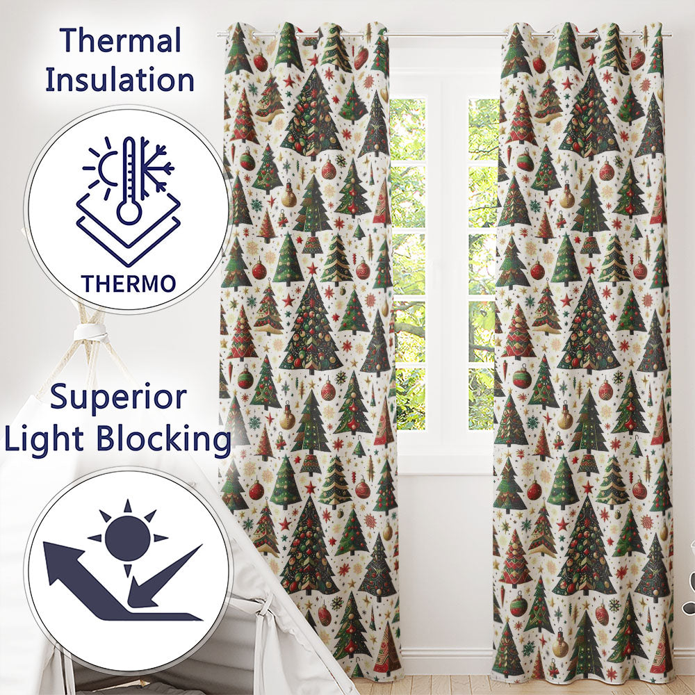 Classic Christmas Trees Ornaments Snowflakes Festive Holiday Seamless Pattern  Readymade Eyelet Ring Top Thermal 100% Blackout Curtains