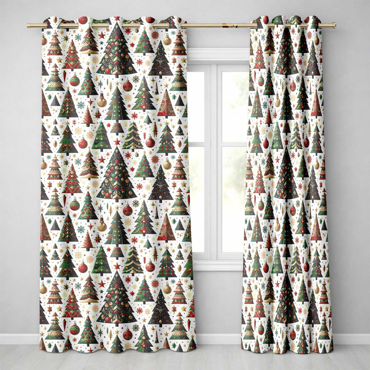Classic Christmas Trees Ornaments Snowflakes Festive Holiday Seamless Pattern  Readymade Eyelet Ring Top Thermal 100% Blackout Curtains