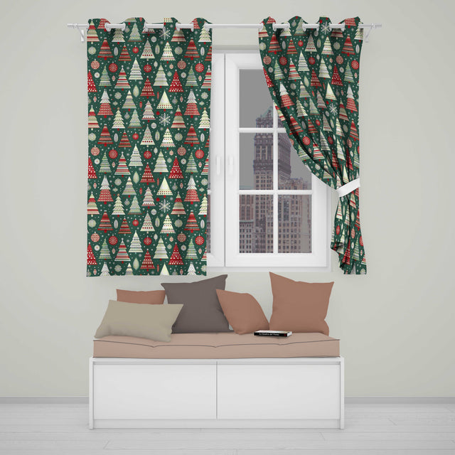 Scandi Christmas Trees Red White Green Snowflakes Nordic Seamless Pattern  Readymade Eyelet Ring Top Thermal 100% Blackout Curtains