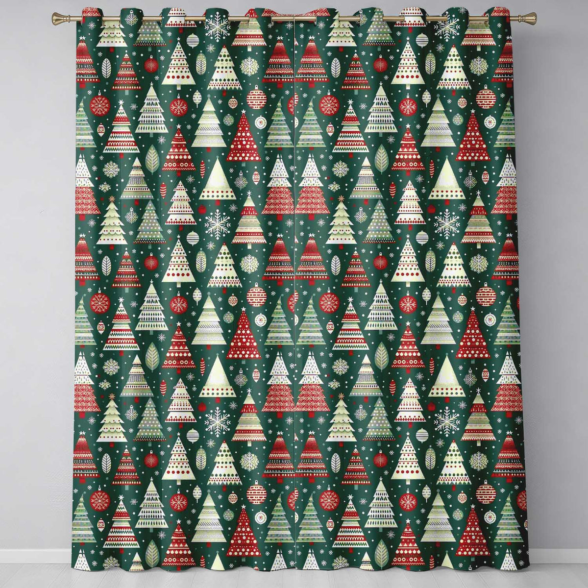 Scandi Christmas Trees Red White Green Snowflakes Nordic Seamless Pattern  Readymade Eyelet Ring Top Thermal 100% Blackout Curtains