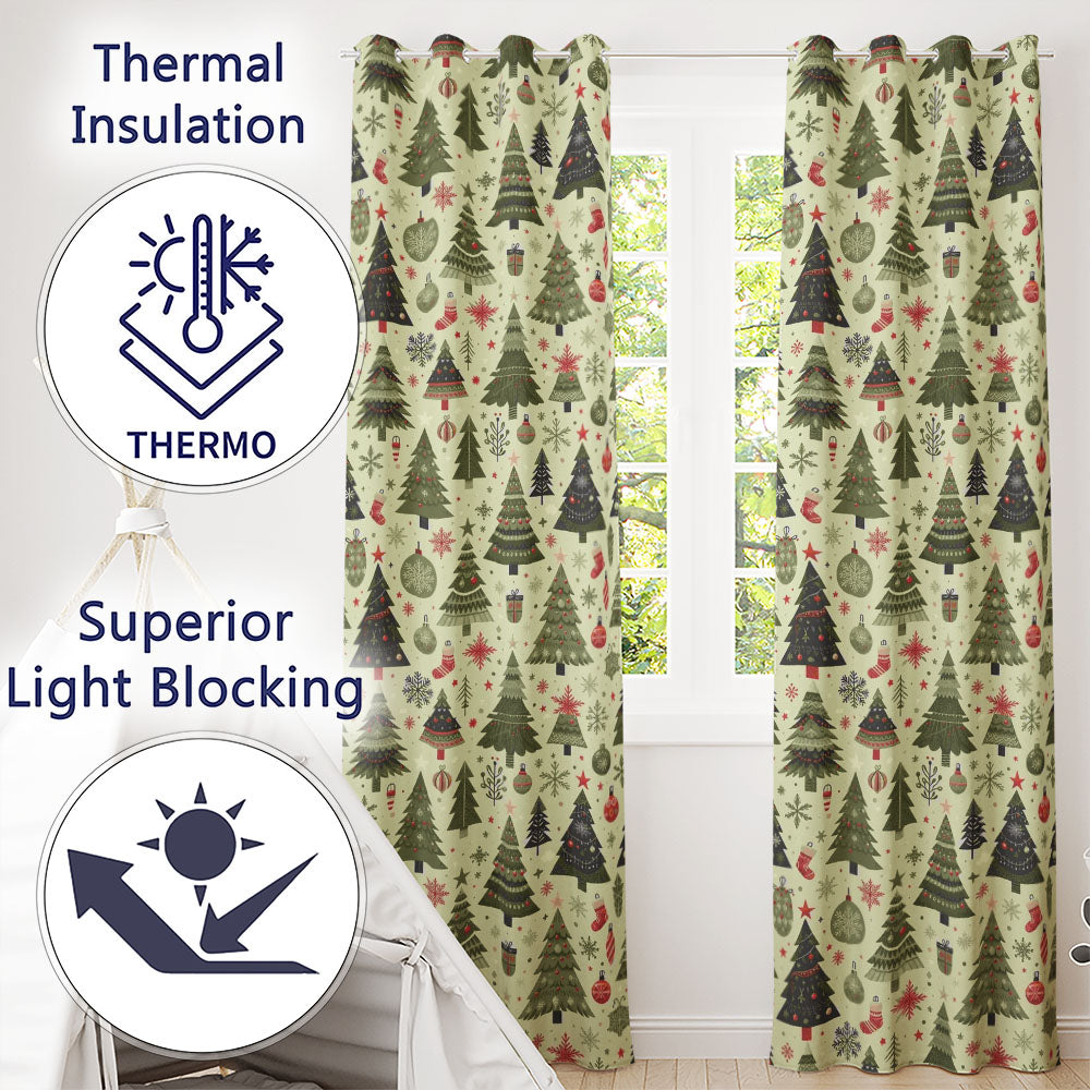 Classic Christmas Trees Ornaments Gifts Snowflakes Festive Seamless Pattern  Readymade Eyelet Ring Top Thermal 100% Blackout Curtains