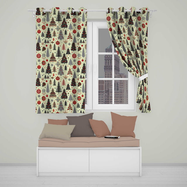 Elegant Christmas Trees Red Green Gold Stars Ornaments Seamless Pattern  Readymade Eyelet Ring Top Thermal 100% Blackout Curtains