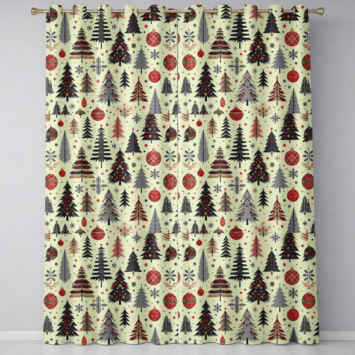 Elegant Christmas Trees Red Green Gold Stars Ornaments Seamless Pattern  Readymade Eyelet Ring Top Thermal 100% Blackout Curtains