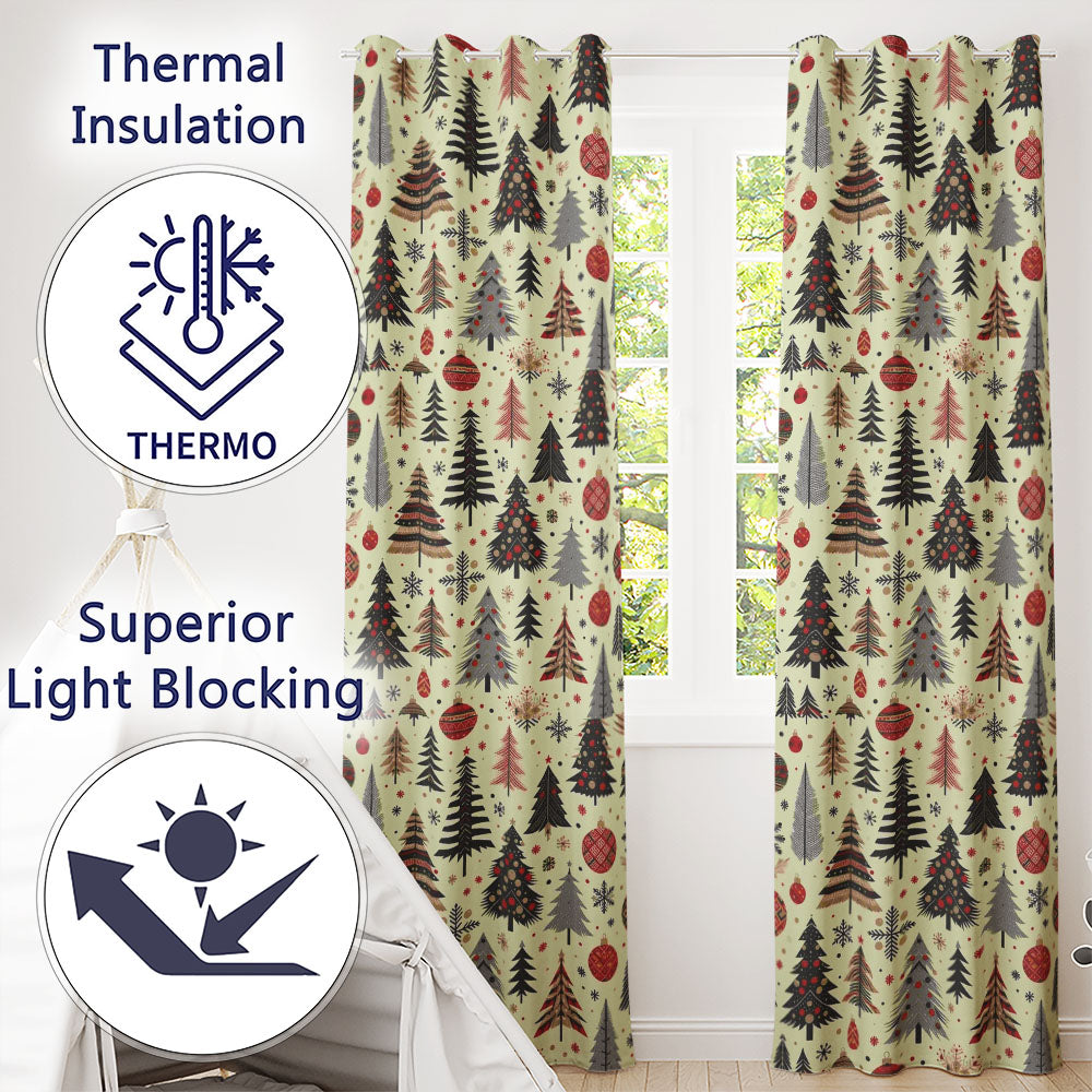 Elegant Christmas Trees Red Green Gold Stars Ornaments Seamless Pattern  Readymade Eyelet Ring Top Thermal 100% Blackout Curtains