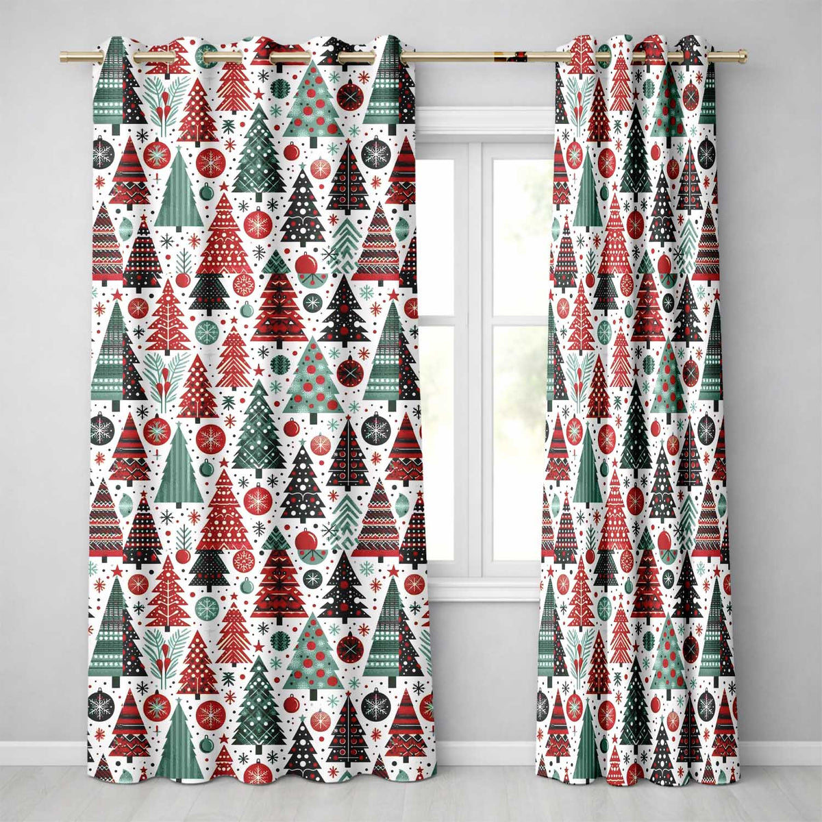 Ornate Christmas Trees Red Green Gold Baubles Festive Seamless Pattern  Readymade Eyelet Ring Top Thermal 100% Blackout Curtains