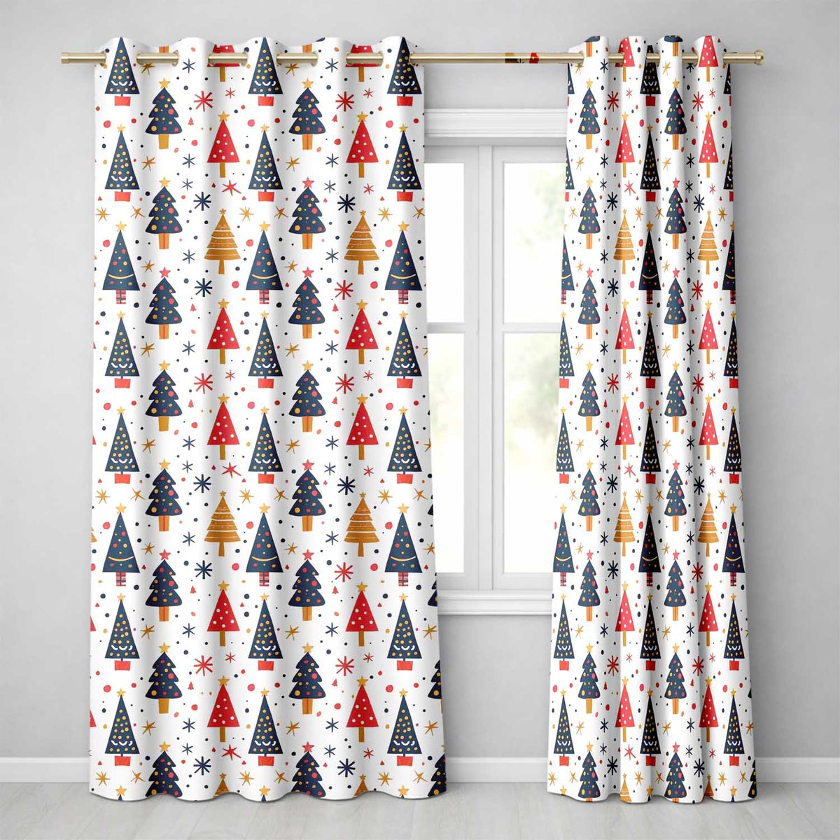 Nordic Christmas Trees Red White Green Snowflakes Festive Seamless Pattern  Readymade Eyelet Ring Top Thermal 100% Blackout Curtains