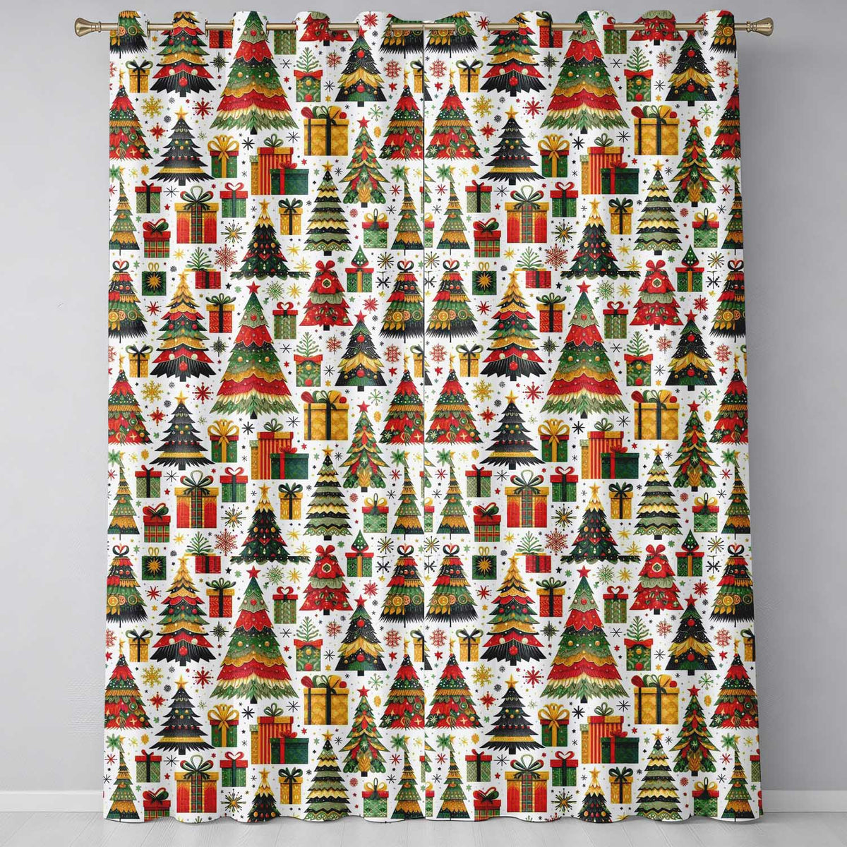 Vintage Christmas Trees Ornaments Red Green Holiday Seamless Pattern  Readymade Eyelet Ring Top Thermal 100% Blackout Curtains